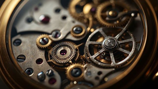 Macro view revealing vintage mechanical watch movement with exposed gears and balance wheel