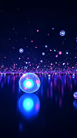 Emerging Neon Orbs Drifting Over Reflective Plane Vertical Futuristic Ambient Loop