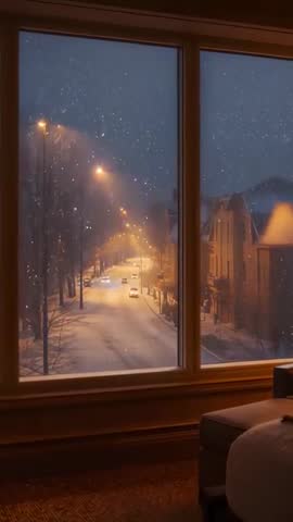 Vertical Night Snowfall Over Quiet Neighborhood Street Through Bedroom Window, Warm Lamp Glow