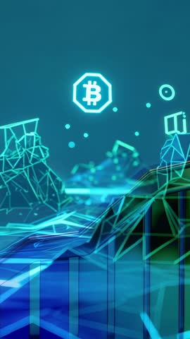 Vertical Bitcoin Motion: Camera Panning Over Neon Wireframe Landscape with Orbiting Particles