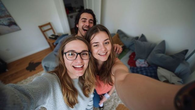 Friends taking selfie in cozy living room laughing together casual home lifestyle portrait