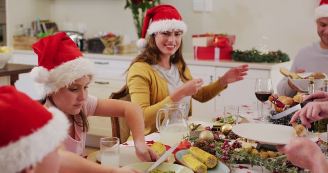 Family Enjoying Christmas Dinner with Santa Hats - Download Free Stock Images Pikwizard.com