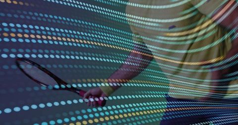 Male Tennis Player Holding Racket Under Abstract Dotted Light Projection in Teal Blue