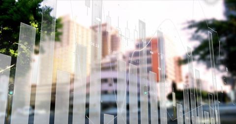 Digital Financial Graphs Overlaying Cityscape Symbolizing Business Growth