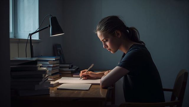 Young woman writing late at desk under lamp, studying with focus and concentration