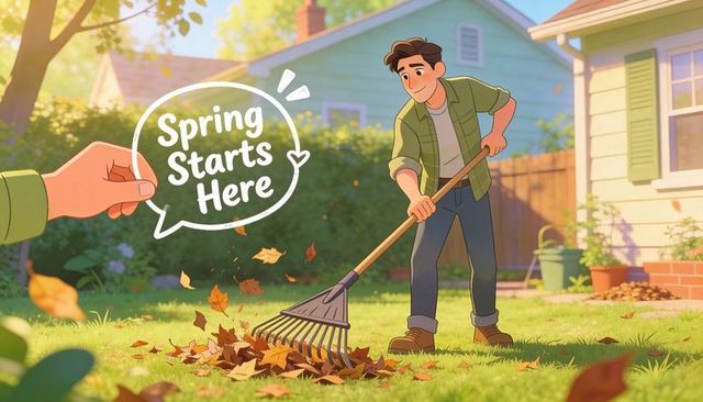 Spring starts here: man raking leaves in sunny suburban yard, gardening and lawn cleanup