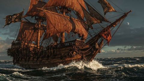 Majestic pirate ship sailing under crescent moon
