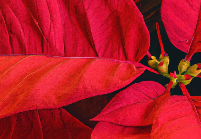 Close up of red poinsettia flower created using generative ai technology. Nature and harmony concept, digitally generated image.