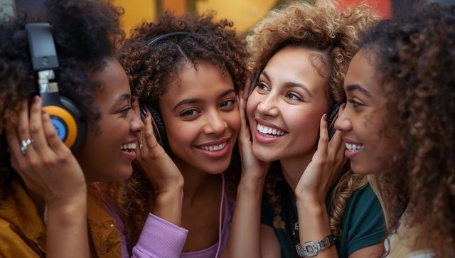 Four women sharing over-ear headphones laughing together in vibrant music moment