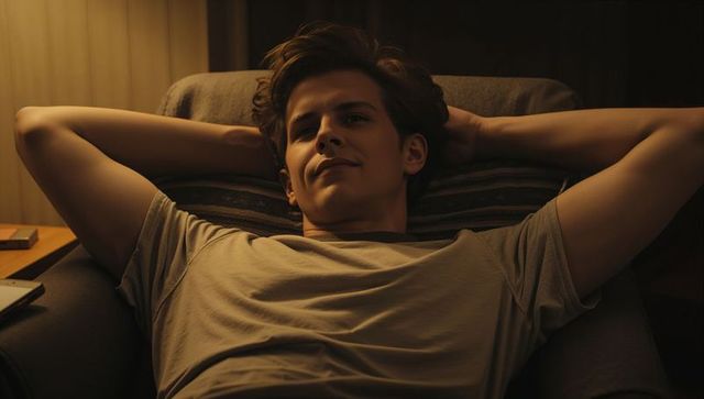 Young man reclining in armchair at home relaxing at night cozy contemplative mood