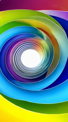 Propelling through rainbow ribbon tunnel showing hue shifting colors in psychedelic vertical video