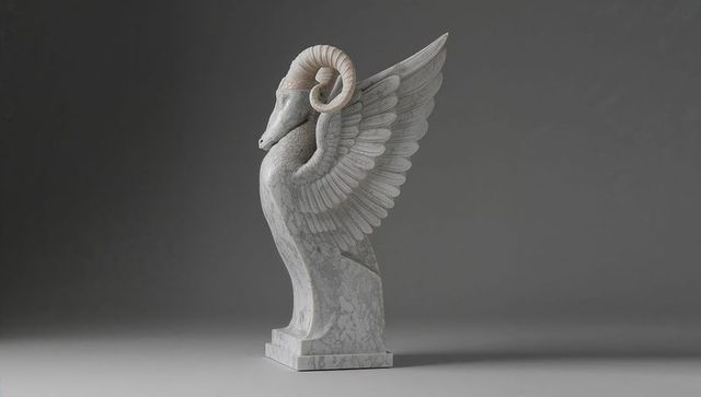 Elegant marble winged ram sculpture depicting fantasy artistry and classical grandeur