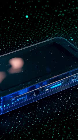 Vertical video of finger tapping smartphone screen creating shimmering green dotted interface
