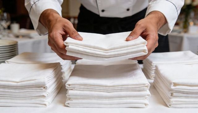 Chef arranging crisp white linen napkins for fine dining service and banquet preparation