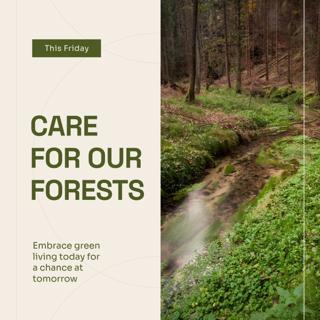 Ideal for environmental conservation campaigns, educational programs, and nature awareness projects. Suitable for use in social media posts, environmental blogs, educational materials, or promotional content for green initiatives. The serene forest stream emphasizes tranquility and the importance of preserving natural habitats.