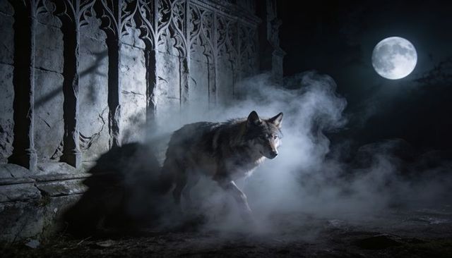 Moonlit lone wolf prowling foggy gothic ruins under full moon, eerie nocturnal scene
