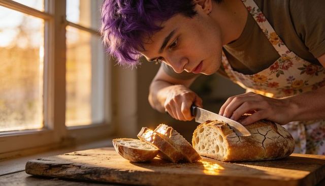Young man with purple hair slicing artisanal sourdough on rustic wooden board at sunrise
