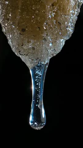 Macro vertical video of viscous droplet stretching from porous mass with rising bubbles