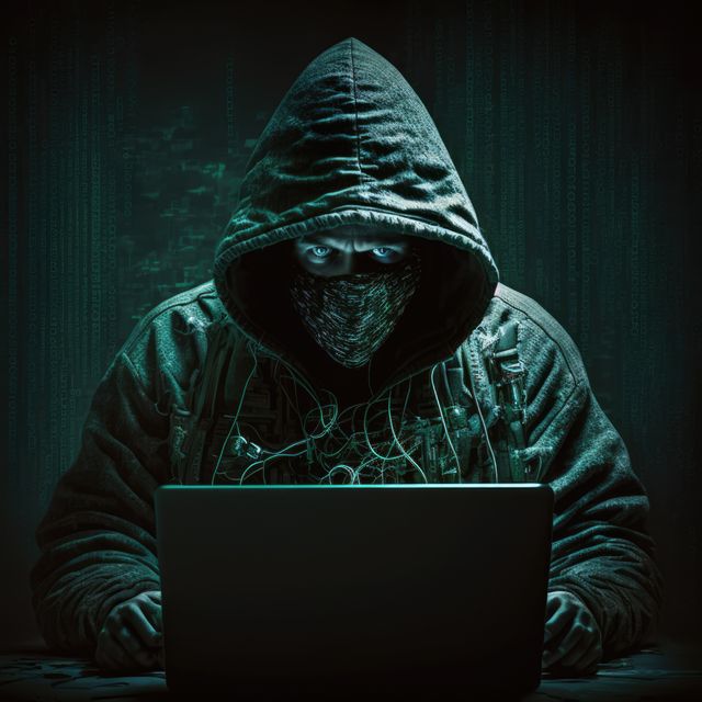 Hacker in mask using laptop over digital data background, created using generative ai technology. Global online hacking, security, technology and computing concept digitally generated image.