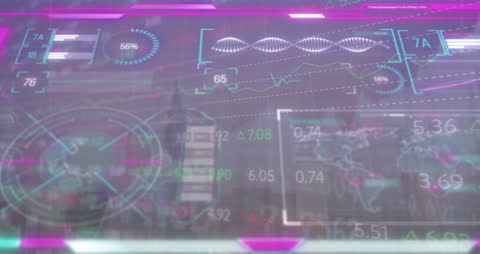 Digital Data Interface Overlaying Cityscape at Night