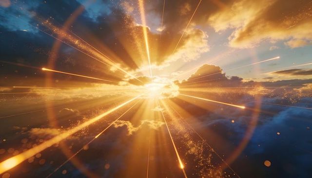 Golden sunburst radiating through high-altitude clouds with dynamic lens flare rings