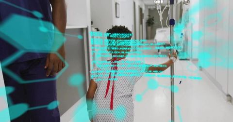 Pediatric patient walking with iv pole and nurse featuring holographic medical data overlay