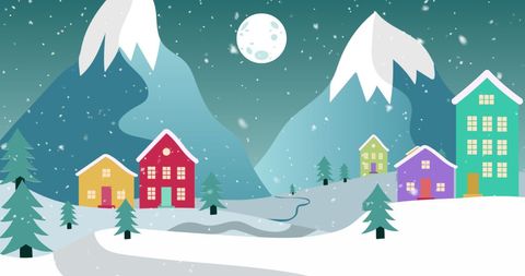 Winter Night with Snowy Village and Moonlit Mountains