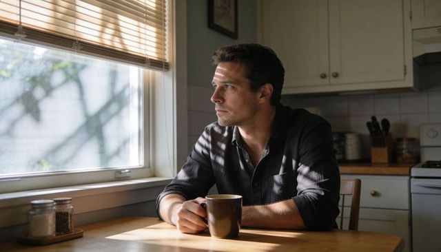 Pensive man sipping coffee at kitchen table, sunlight and blinds casting striped shadows
