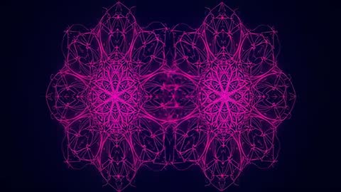 Animating neon-pink mandala duplicating, shifting center to sides with glowing filaments