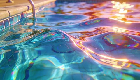 Shimmering pool surface reflecting golden sunset light, iridescent water caustics