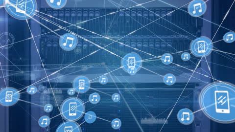 Illustration of Digital Music Network and Data Communication Over Servers