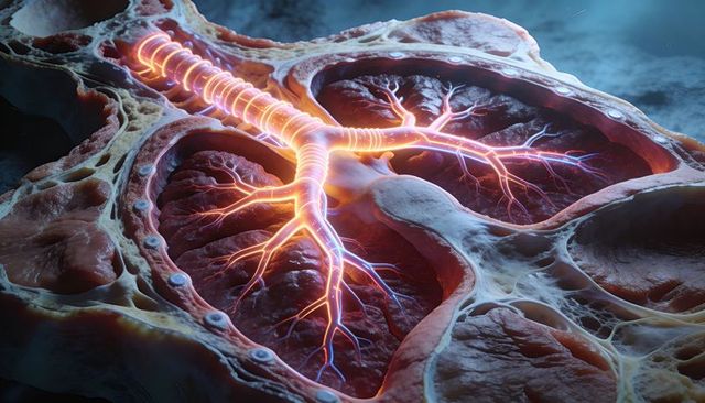 Neon trachea and bronchial tree cross-section of lungs highlighting alveoli and vessels