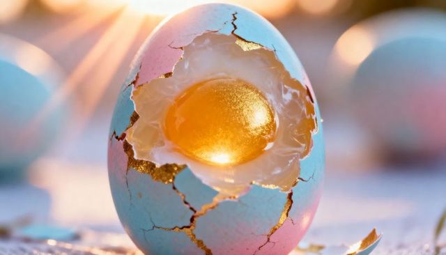 Pastel cracked egg revealing glossy golden yolk with gilded seams and sunrise bokeh