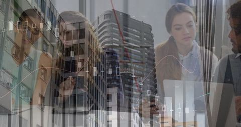 global business minds analyzing data overlayed on urban skyscrapers - Download Free Stock Images Pikwizard.com