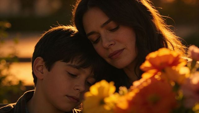 Mother and son embracing at golden hour with sunlit orange flowers, tender close-up