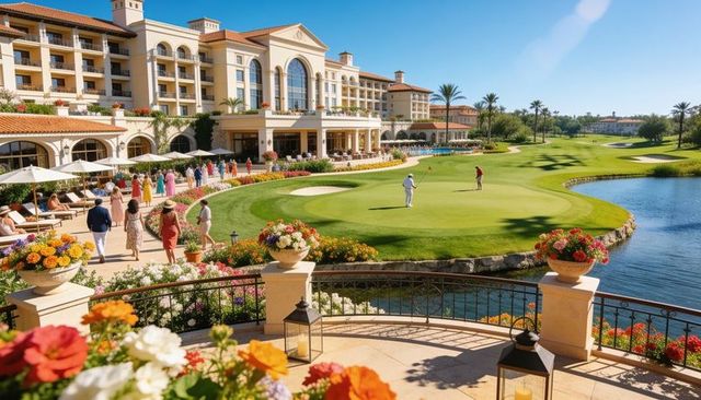 Luxury mediterranean resort overlooking lush golf green and water feature