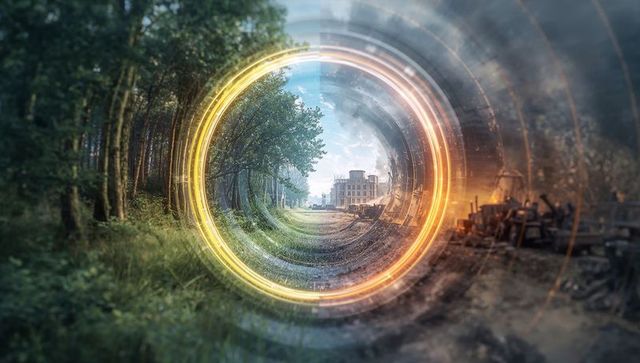 Glowing Portal Ring Revealing Forest Trail and Abandoned Industrial Ruins Through Halo