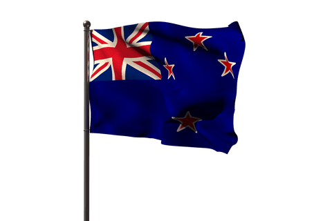 Transparent New Zealand Flag Waving in Wind on Flagpole
