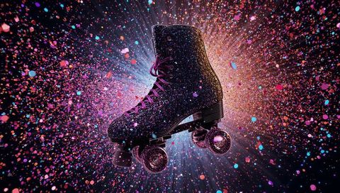 Glittering quad skate emitting neon confetti burst with lavender laces retro disco glamour