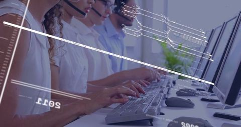 Customer Support Team Working in Modern Call Center with Technology Interface