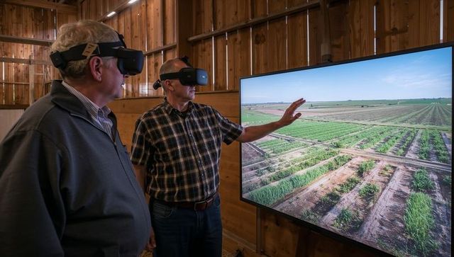Men navigating virtual crop simulation in barn environment