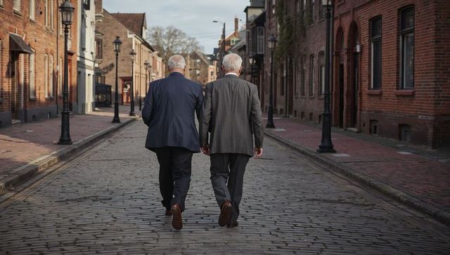 Two senior men walking together on historic cobblestone street with brick facades wearing suits