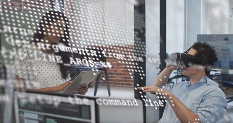 Diverse Team Collaborating on Virtual Reality Project with Financial Data Overlay