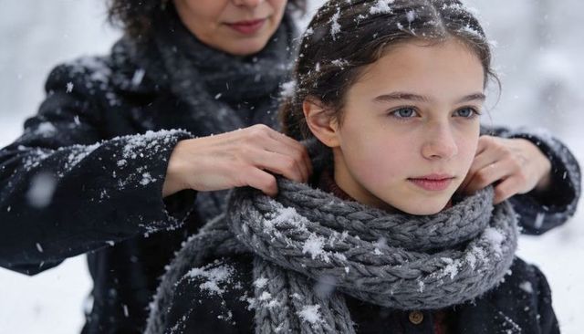 Mother wrapping thick scarf around teen girl during winter snowfall, outdoor family moment
