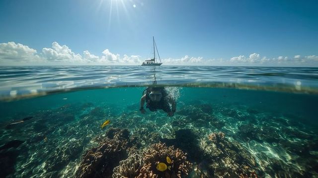 Snorkeler Exploring Vibrant Coral Reef with Sailboat Horizon