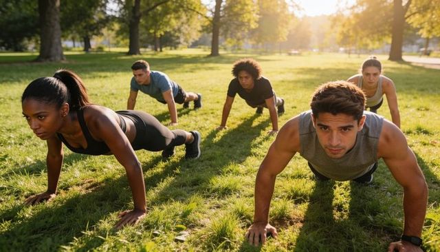 Outdoor group doing plank push-ups on grass at golden hour for fitness training