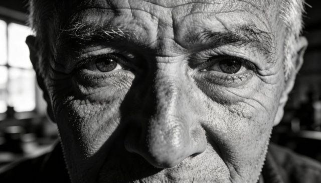 Closeup portrait senior white man gazing camera with deep wrinkles high-contrast monochrome