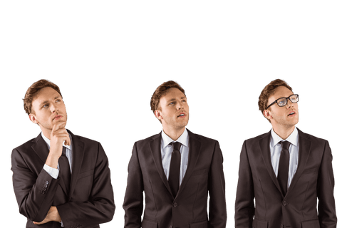Caucasian businessmen looking up exhibiting different expressions transparent background