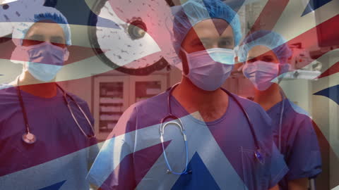 British Surgeons in Operating Room with Overlay of UK Flag