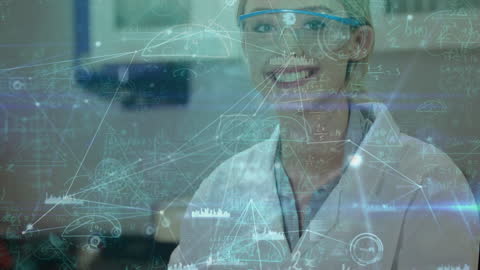 Female Scientist Analyzing Complex Mathematical Equations in Lab